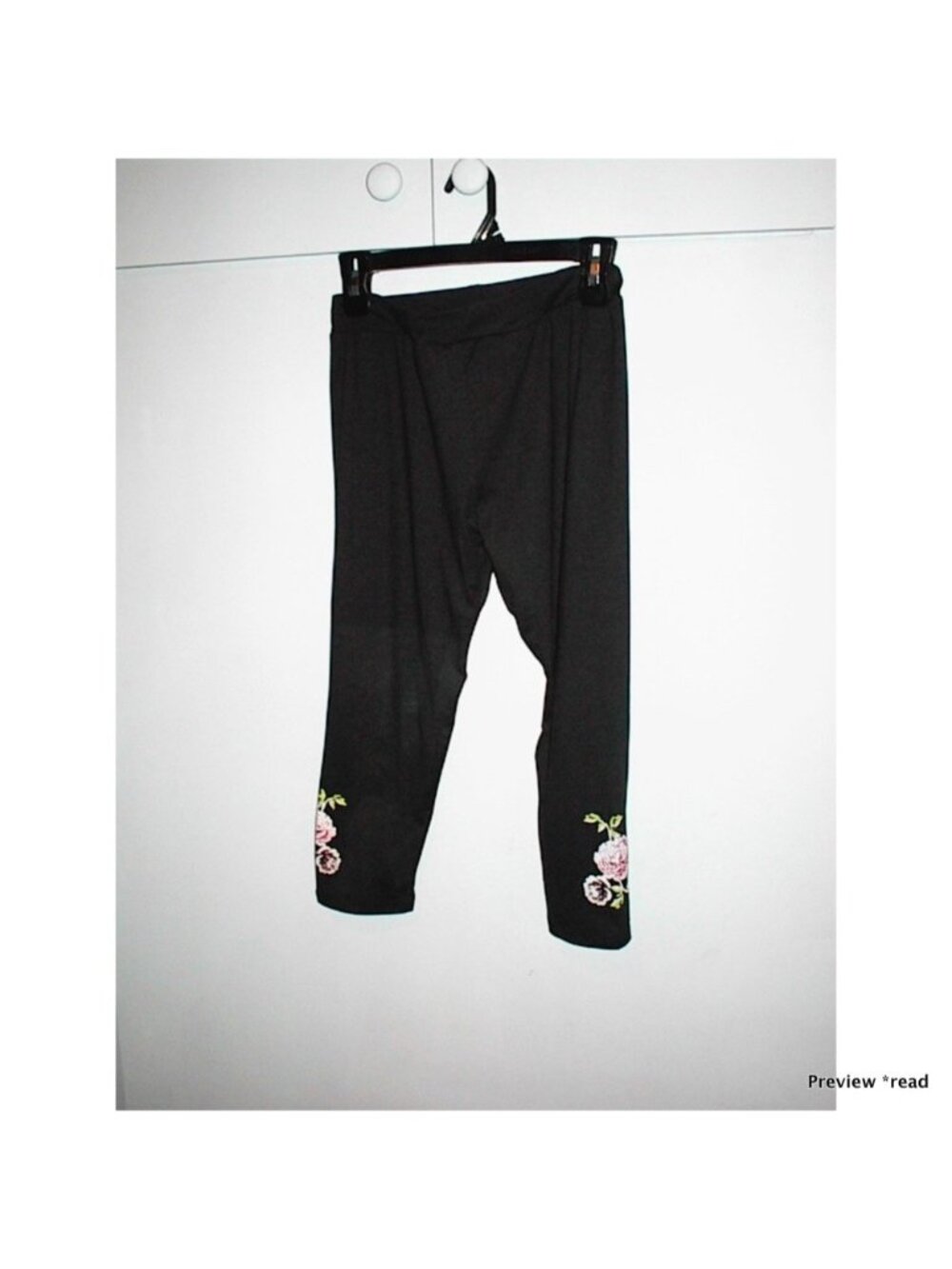 Black Girls' Leggings with Pink Floral Embroidery